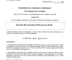 CONVOCAZIONE CONSIGLIO COMUNALE 28/11/2019